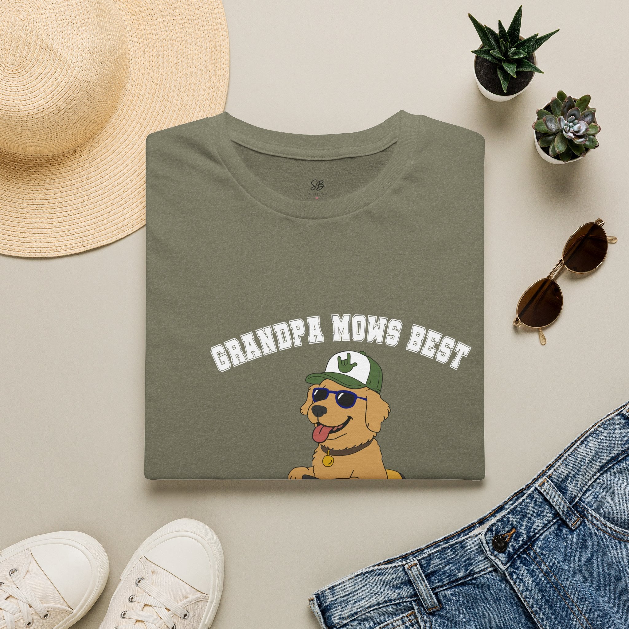 Grandpa mows best with Golden Retriever on Lawn Mower T-Shirt