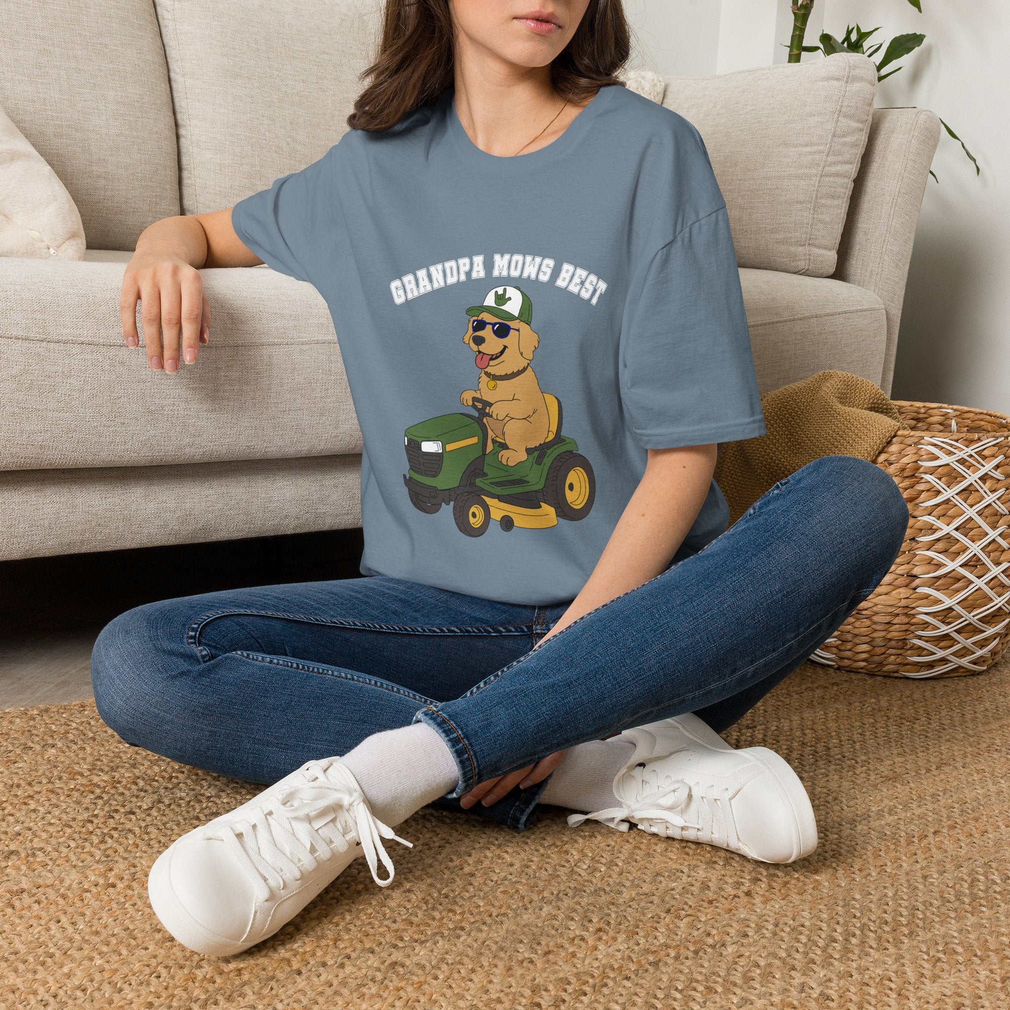Grandpa mows best with Golden Retriever on Lawn Mower T-Shirt