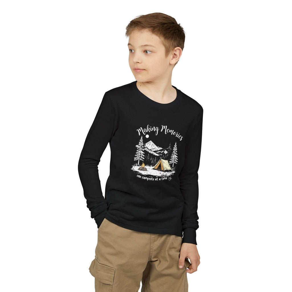 Youth Camping Long Sleeve Tee — "Making Memories" Mountain Campfire Design