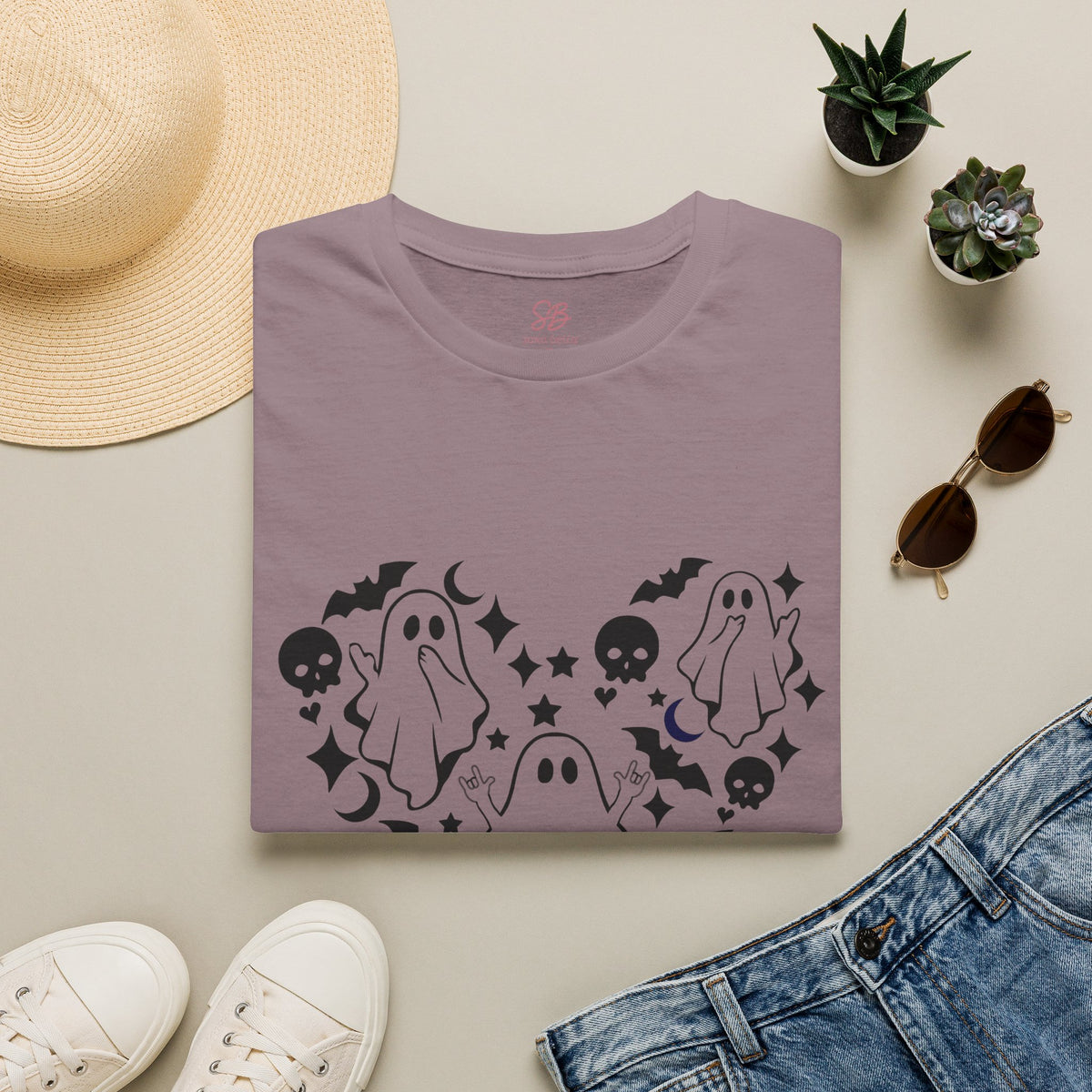 Ghosts with "I love you" in ASL floating of  Hearts, Skull, Bats -  T-Shirt