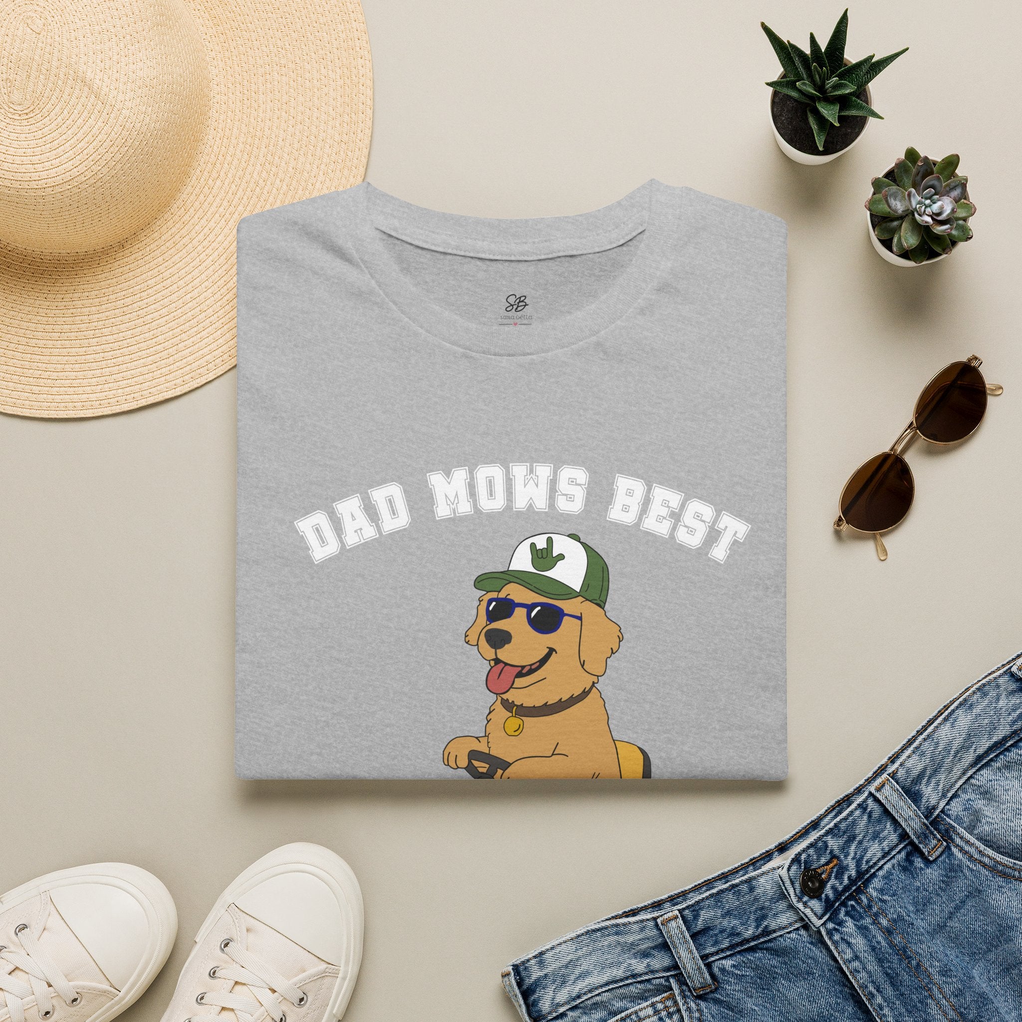 Dad mows best with Golden Retriever Riding Lawn Mower T‑Shirt