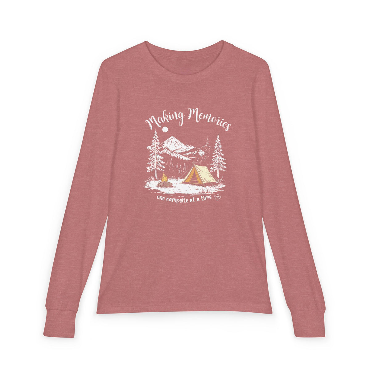 Youth Camping Long Sleeve Tee — "Making Memories" Mountain Campfire Design