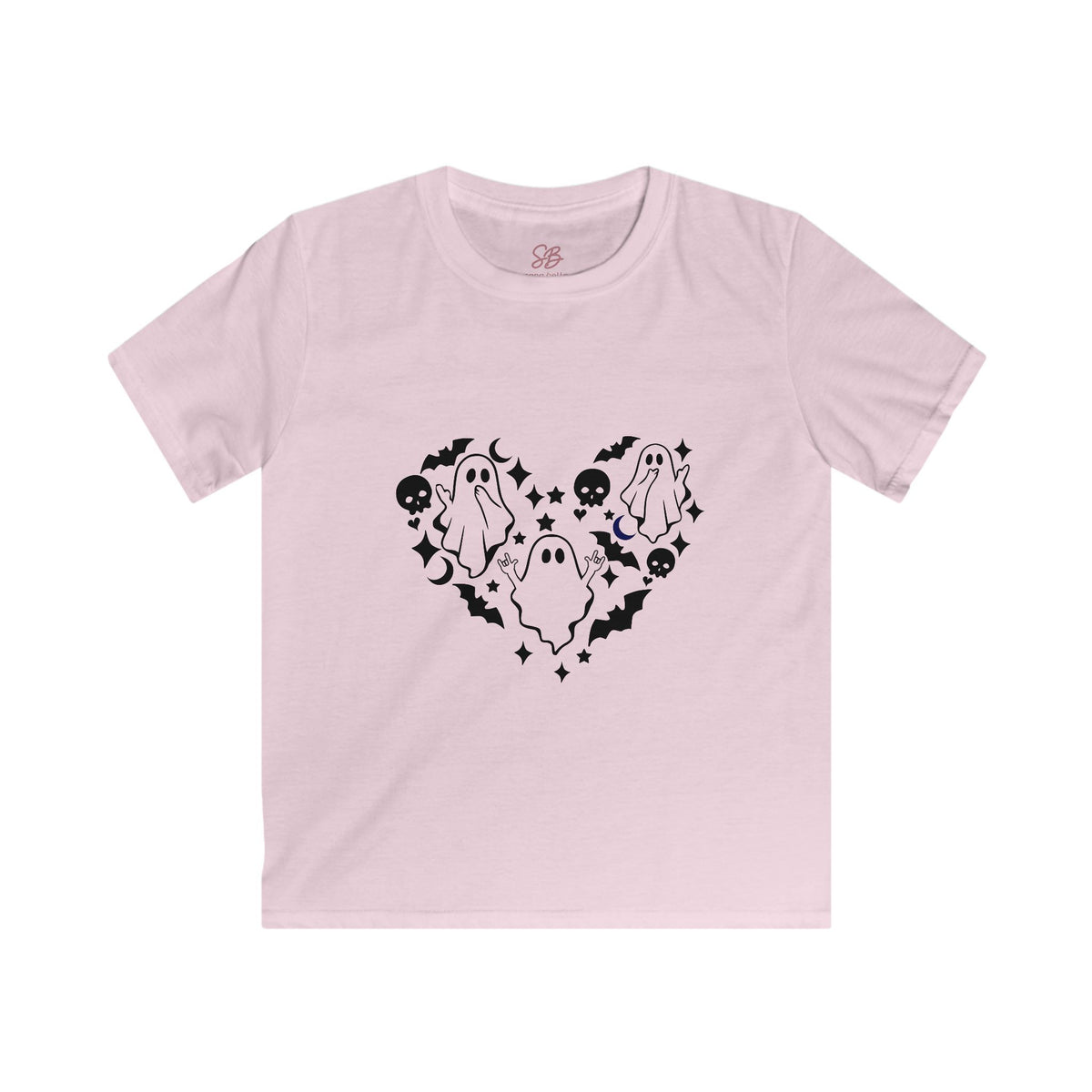 Ghost with "I love you" in ASL  floating of Hearts, Skulls & Bats - Kid T-Shirt
