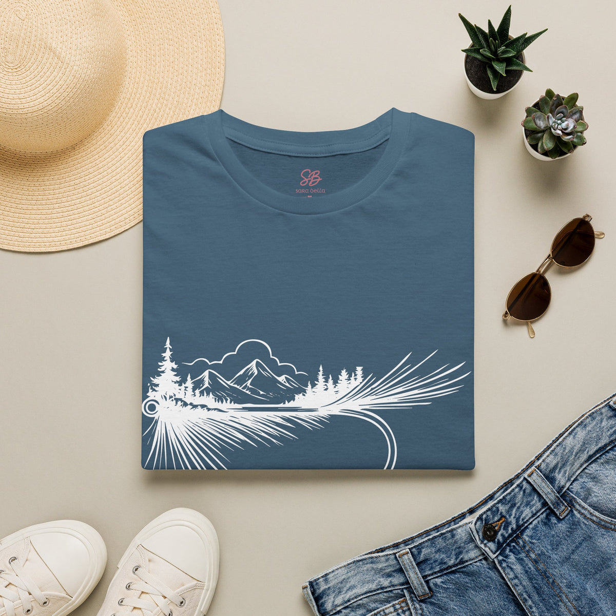 Fly Fishing Hook with Mountain View  T-Shirt