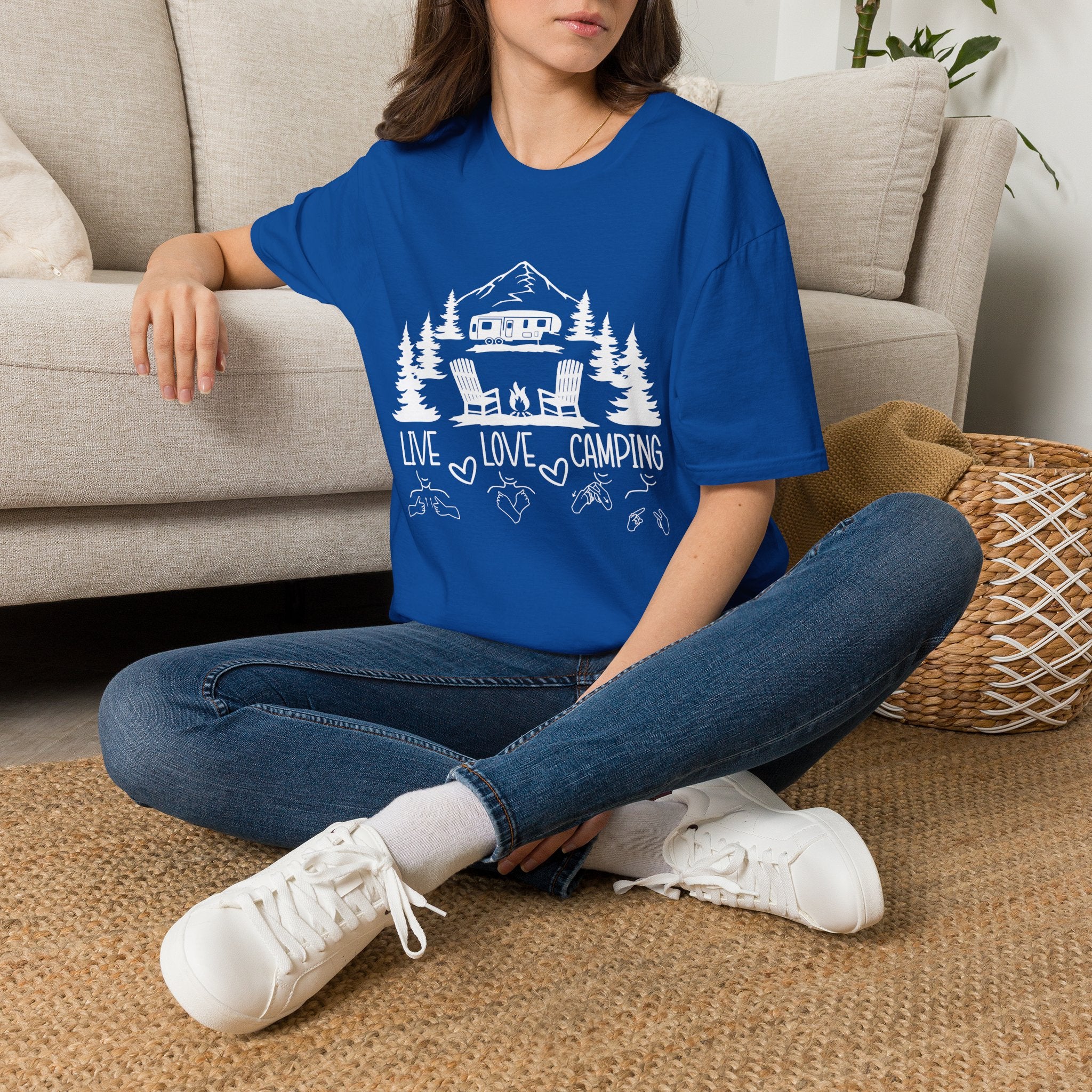 Live, Love, Camping in ASL (white ink) - T-Shirt