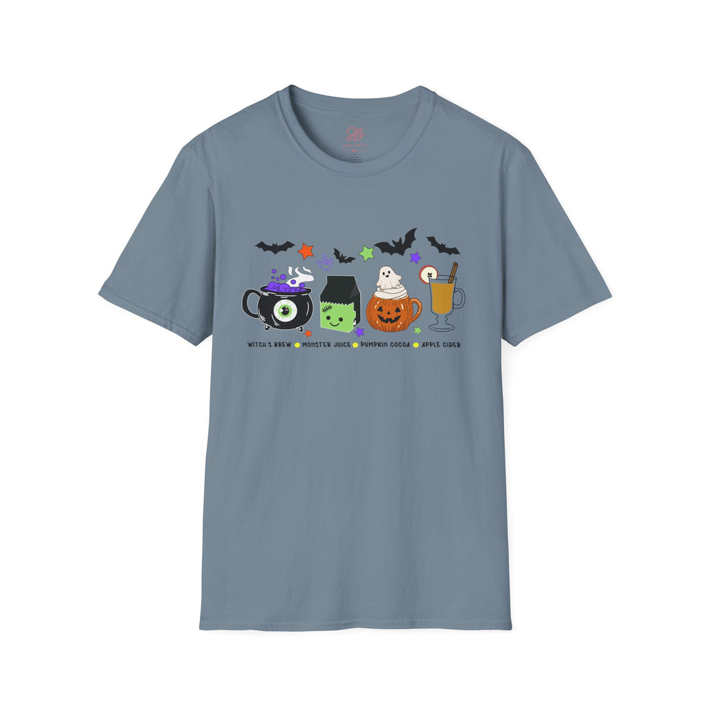 Kids Halloween Drinks Crew of  Witch’s Brew, Monster Juice, Pumpkin Cocoa & Apple Cider - T-Shirt