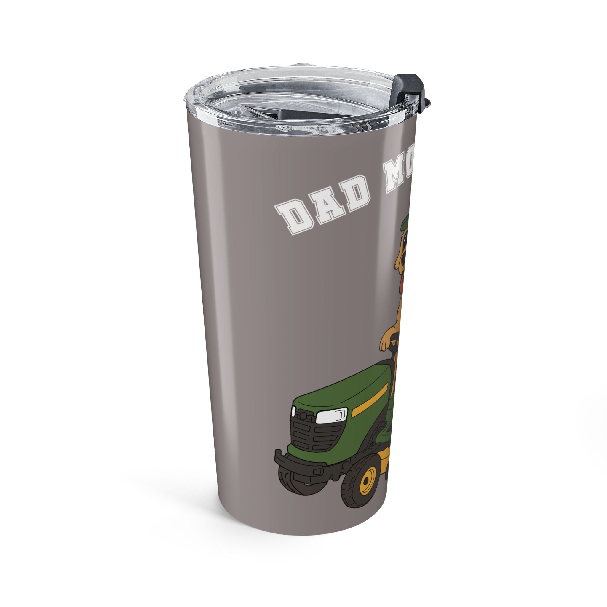 "Dad Mows Best" with Golden Retriever on Lawn Mower 20oz Travel Tumbler