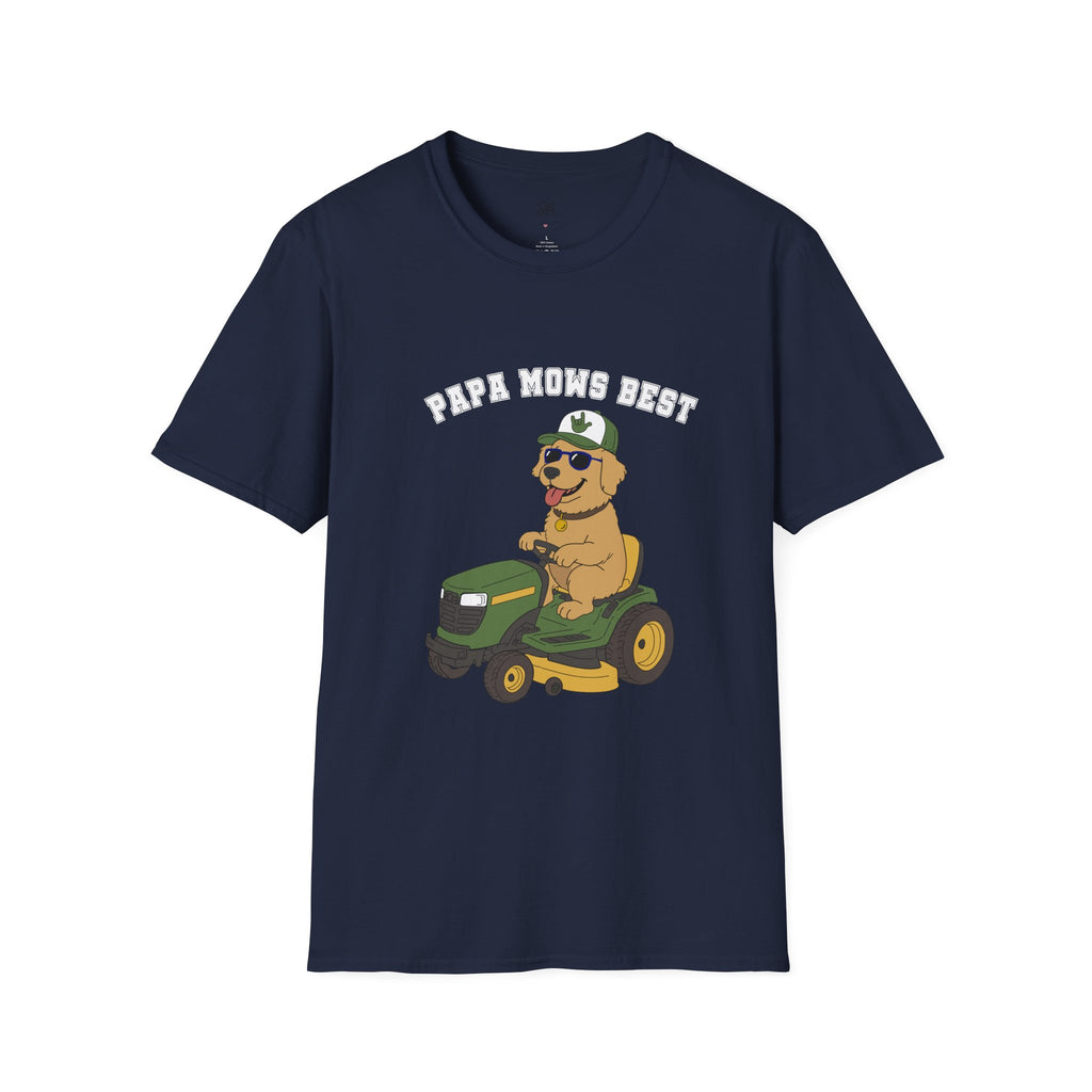 "Papa Mows Best" Golden Retriever Riding Lawn Mower T-shirt