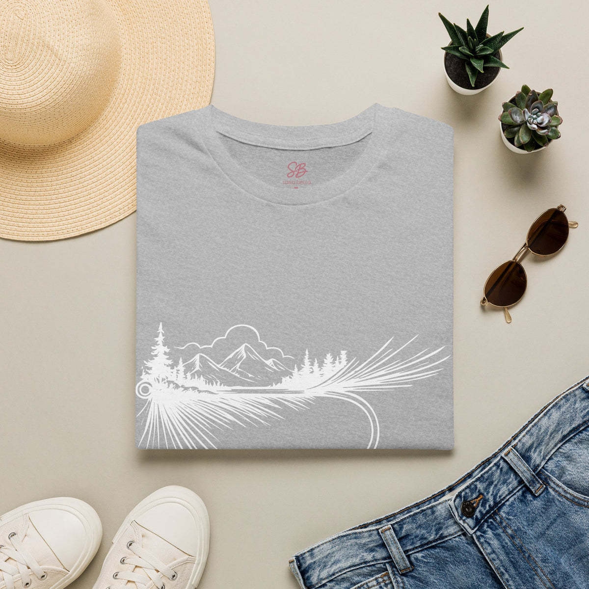 Fly Fishing Hook with Mountain View  T-Shirt