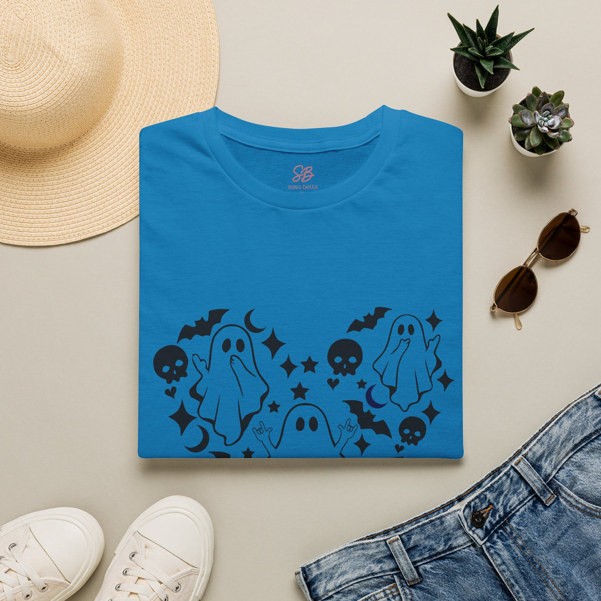Ghosts with "I love you" in ASL floating of  Hearts, Skull, Bats -  T-Shirt