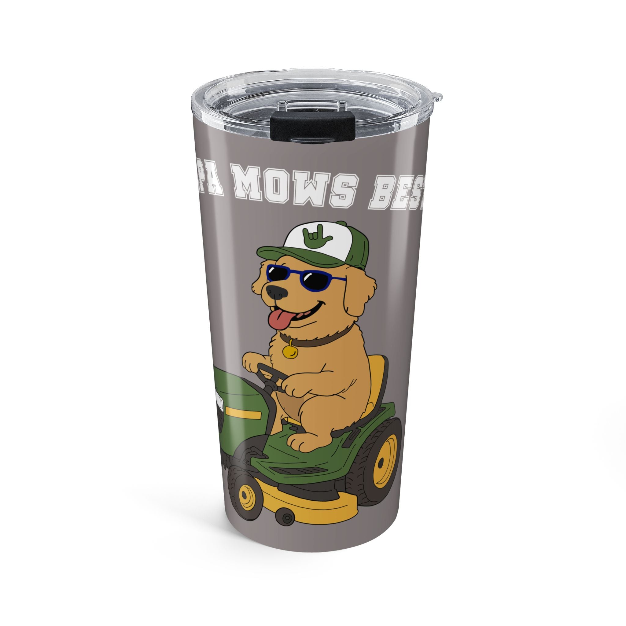 "Papa mows best" with Golden Retriever  on  Lawn Mower 20oz Tumbler