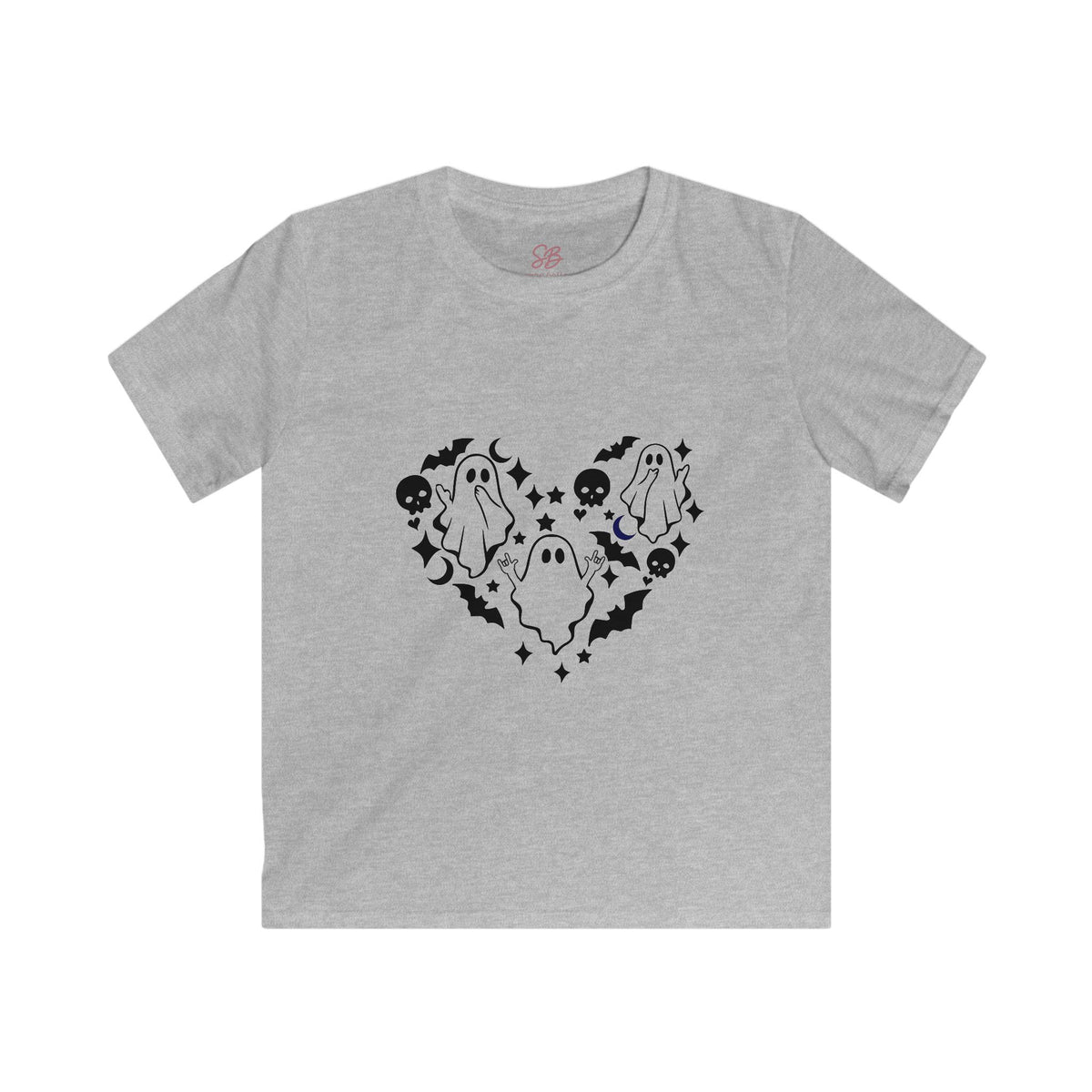 Ghost with "I love you" in ASL  floating of Hearts, Skulls & Bats - Kid T-Shirt
