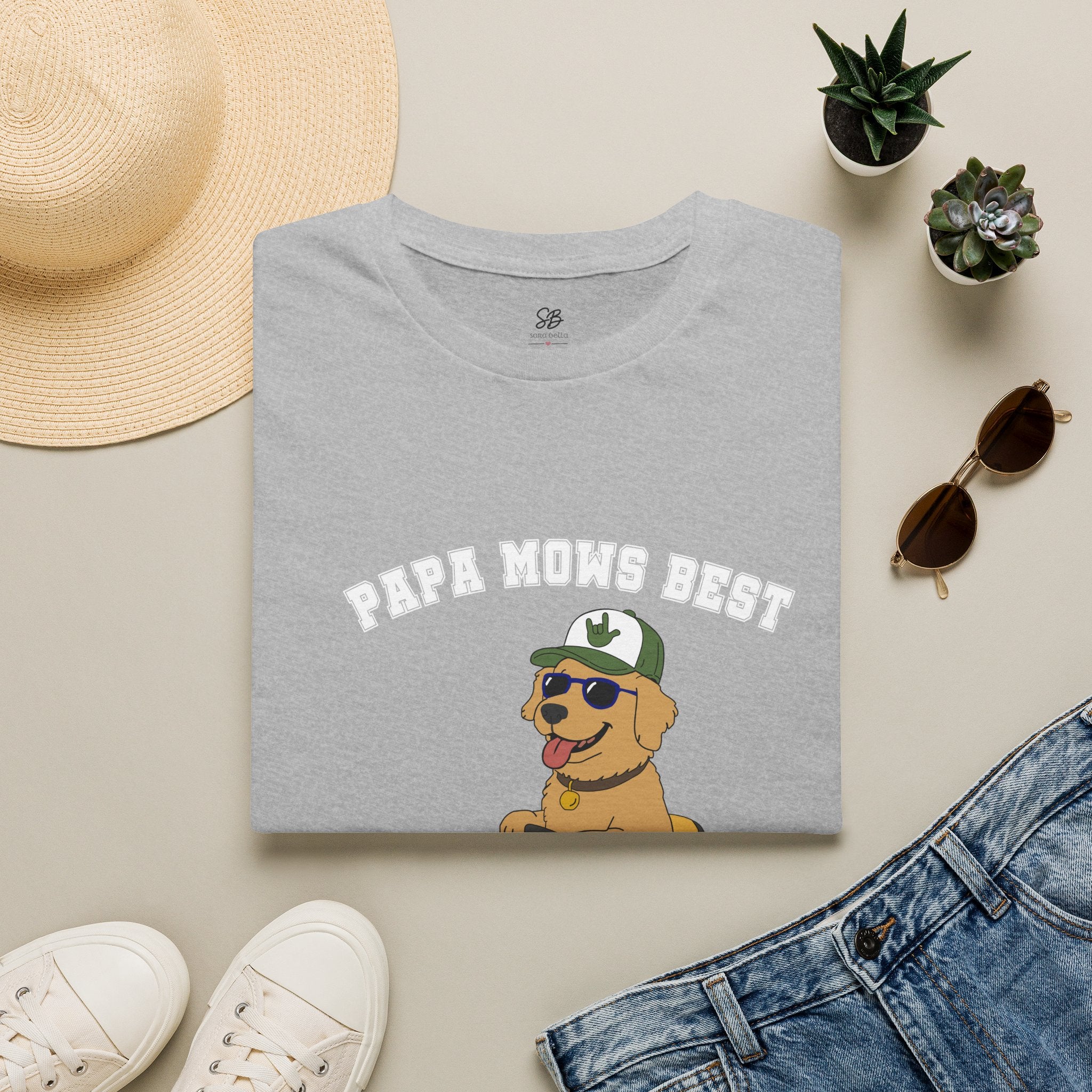 "Papa Mows Best" Golden Retriever Riding Lawn Mower T-shirt