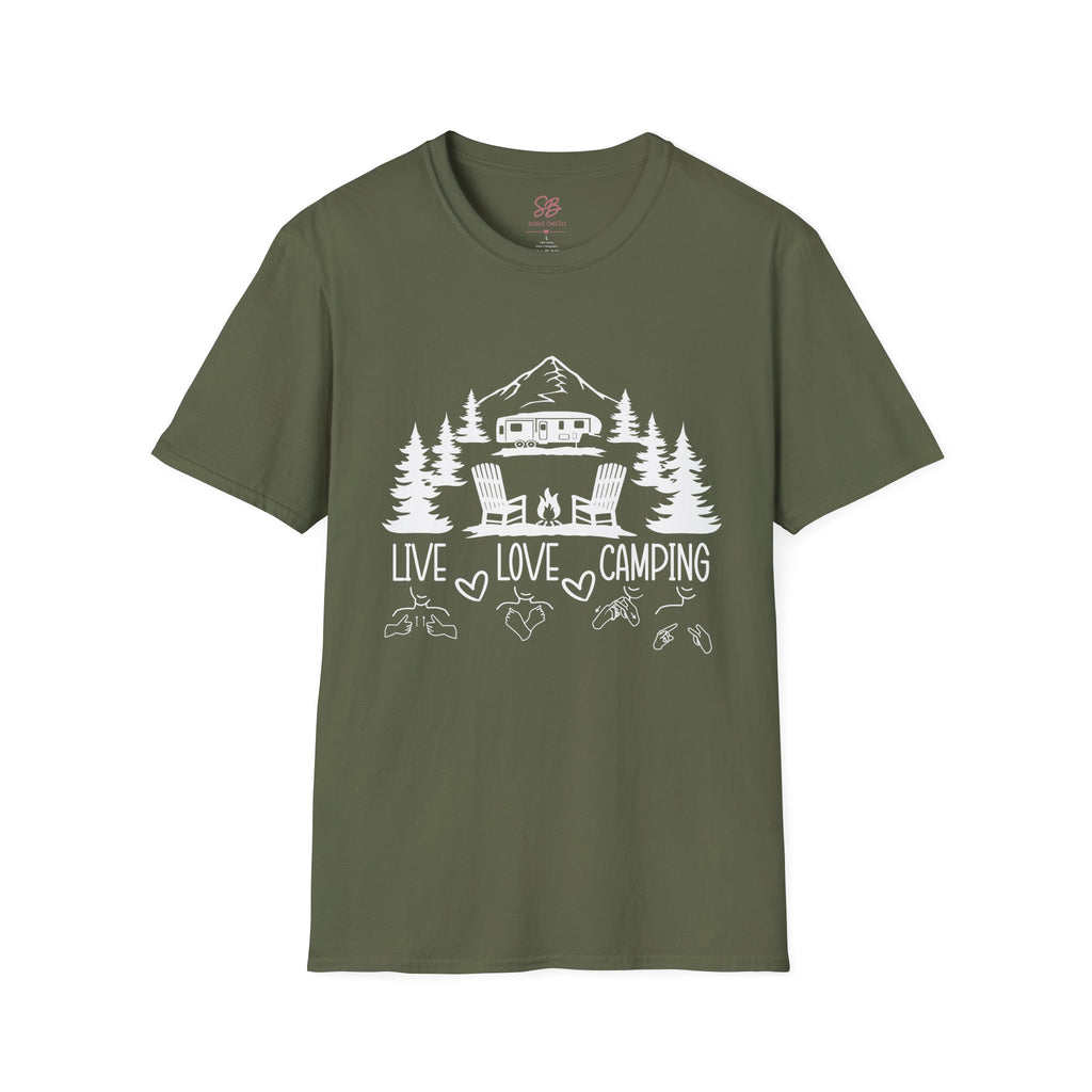 Live, Love, Camping in ASL (white ink) - T-Shirt
