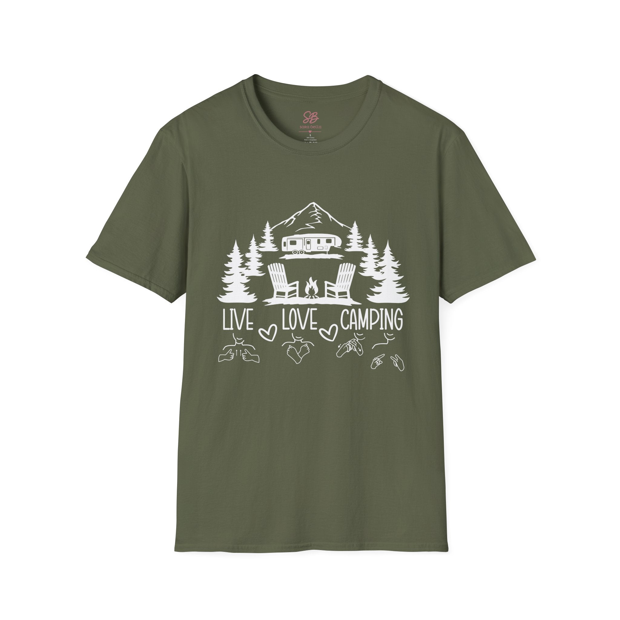 Live, Love, Camping in ASL (white ink) - T-Shirt