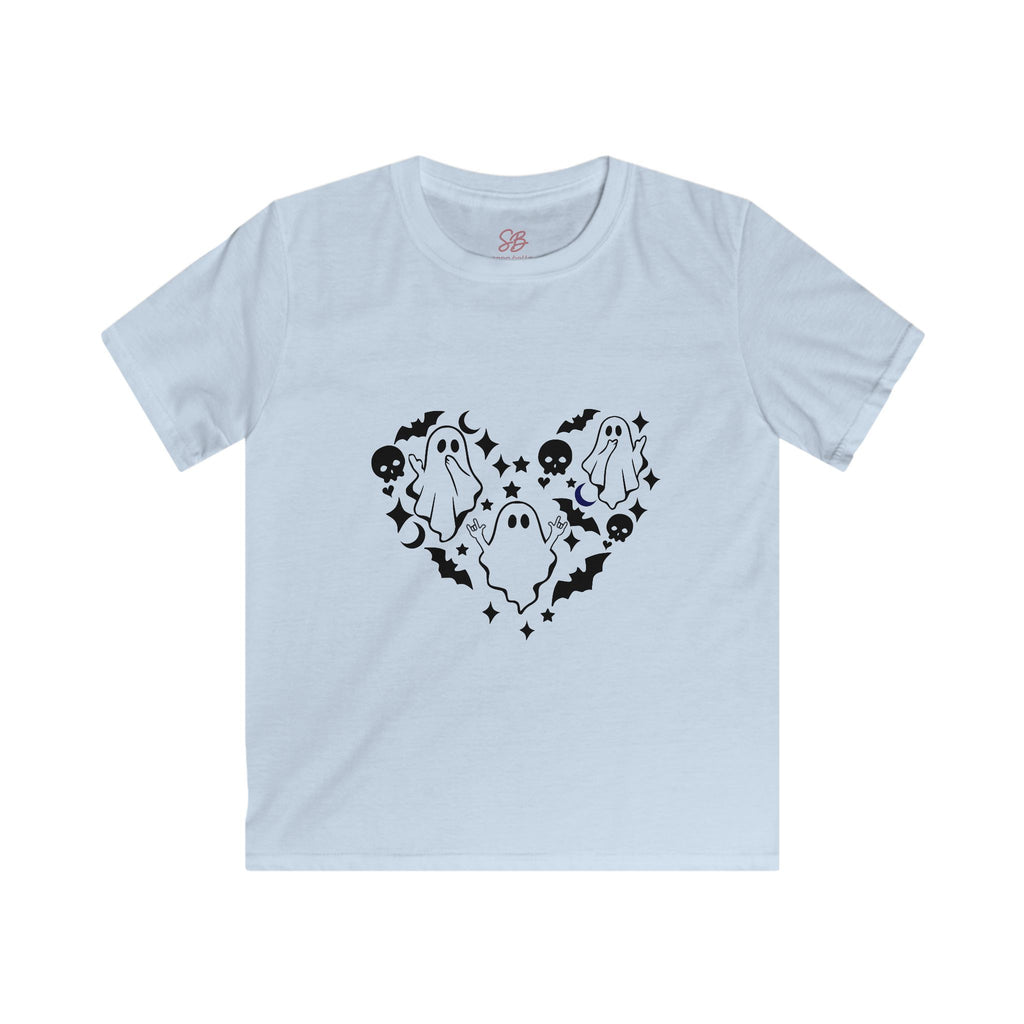 Ghost with "I love you" in ASL  floating of Hearts, Skulls & Bats - Kid T-Shirt