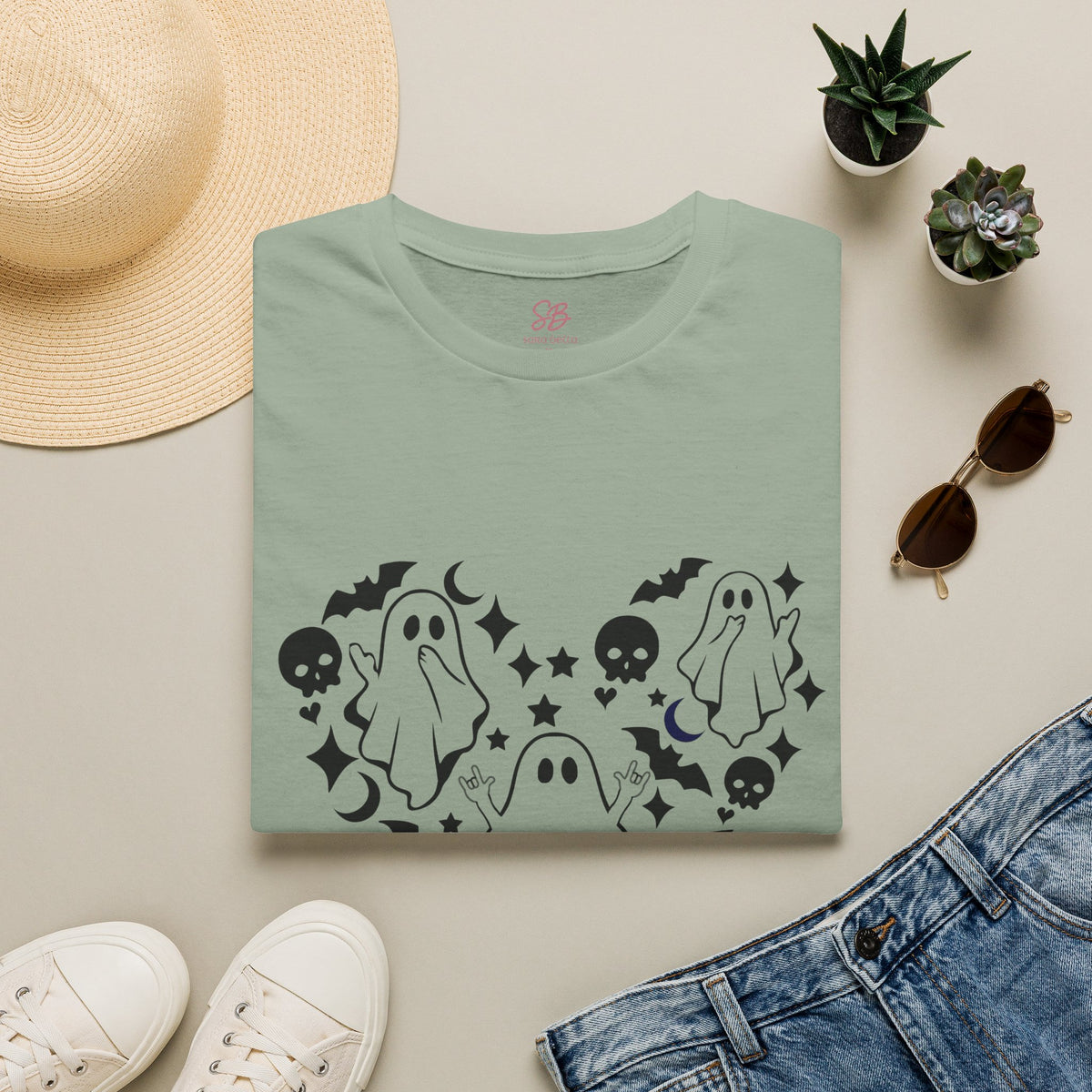 Ghosts with "I love you" in ASL floating of  Hearts, Skull, Bats -  T-Shirt
