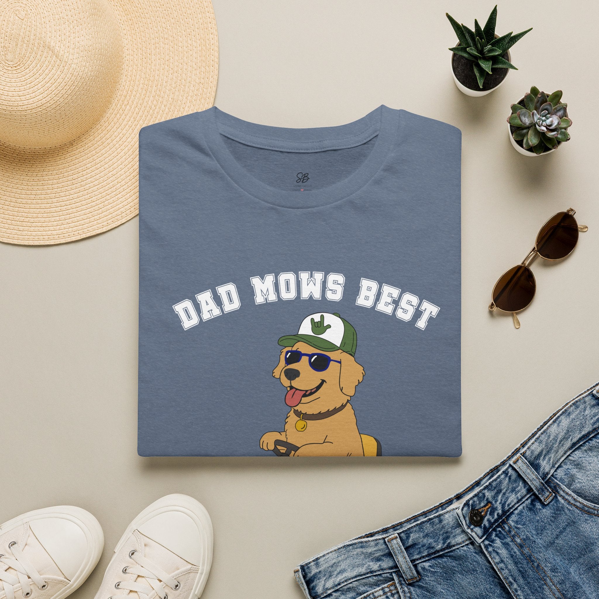 Dad mows best with Golden Retriever Riding Lawn Mower T‑Shirt