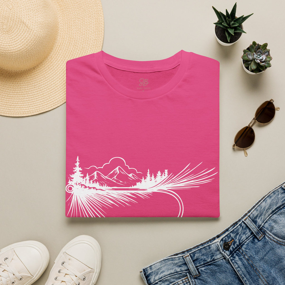 Fly Fishing Hook with Mountain View  T-Shirt