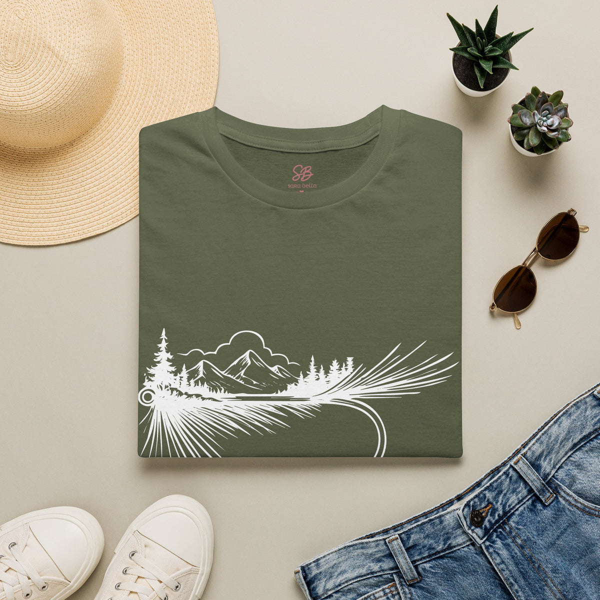 Fly Fishing Hook with Mountain View  T-Shirt