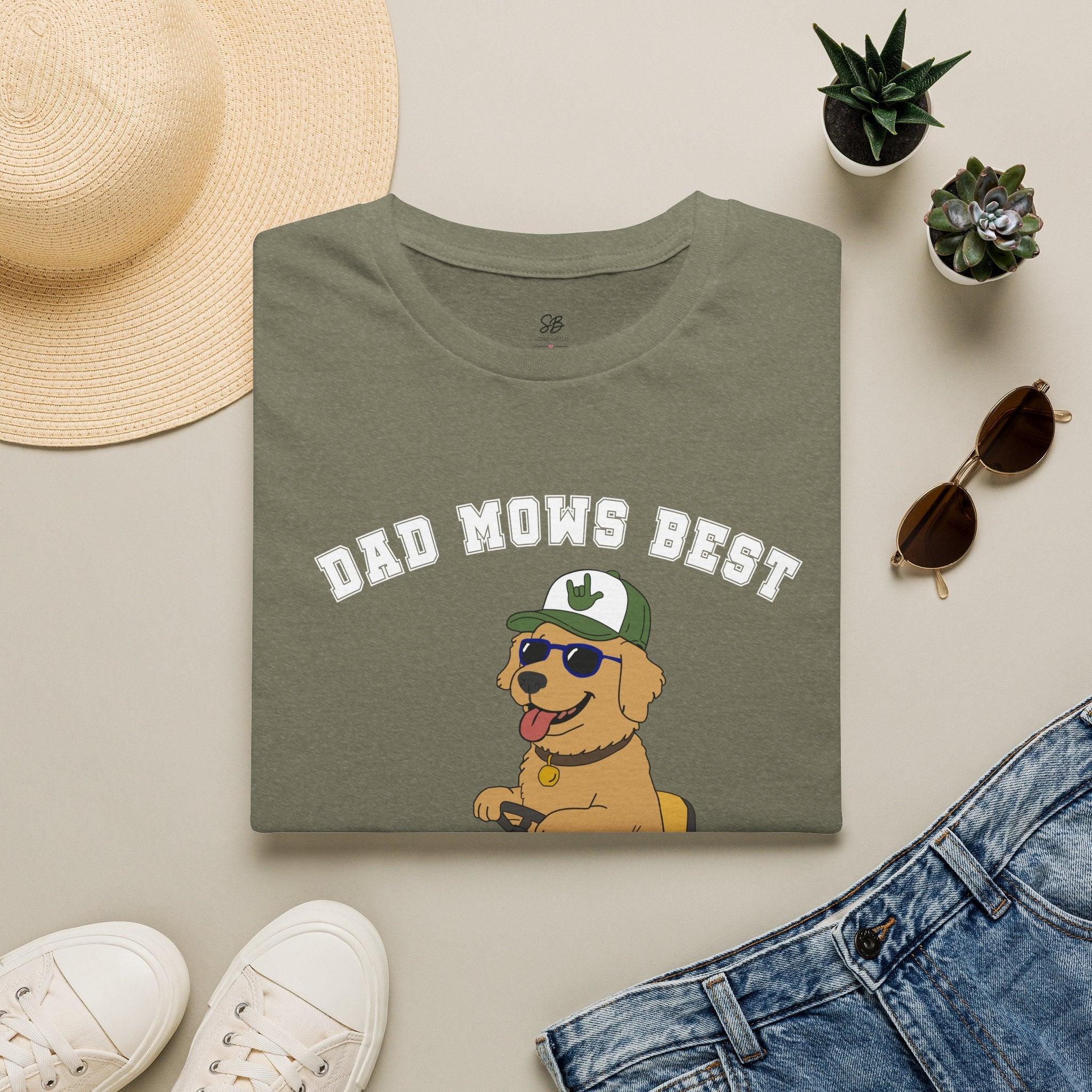 Dad mows best with Golden Retriever Riding Lawn Mower T‑Shirt