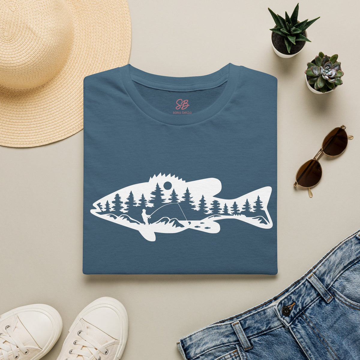 Bass Fisherman Landscape Fishing - T-Shirt