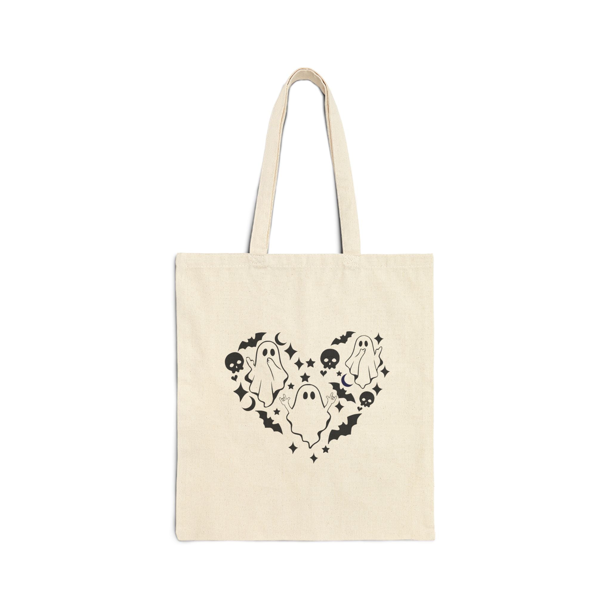 Ghosts with "I Love You" in ASL floating of hearts, skulls, bats