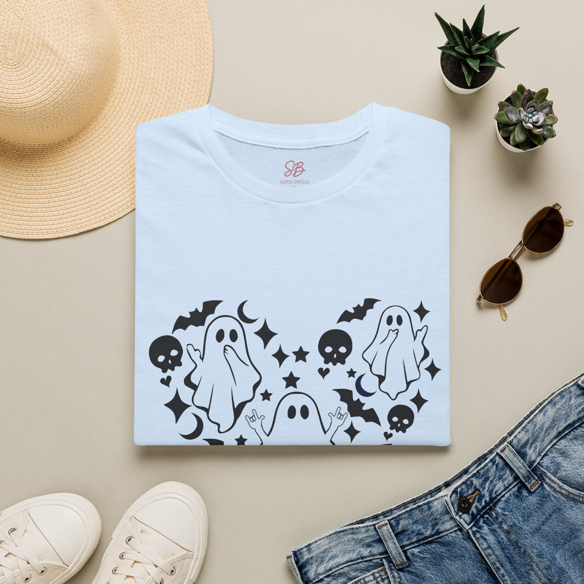 Ghosts with "I love you" in ASL floating of  Hearts, Skull, Bats -  T-Shirt