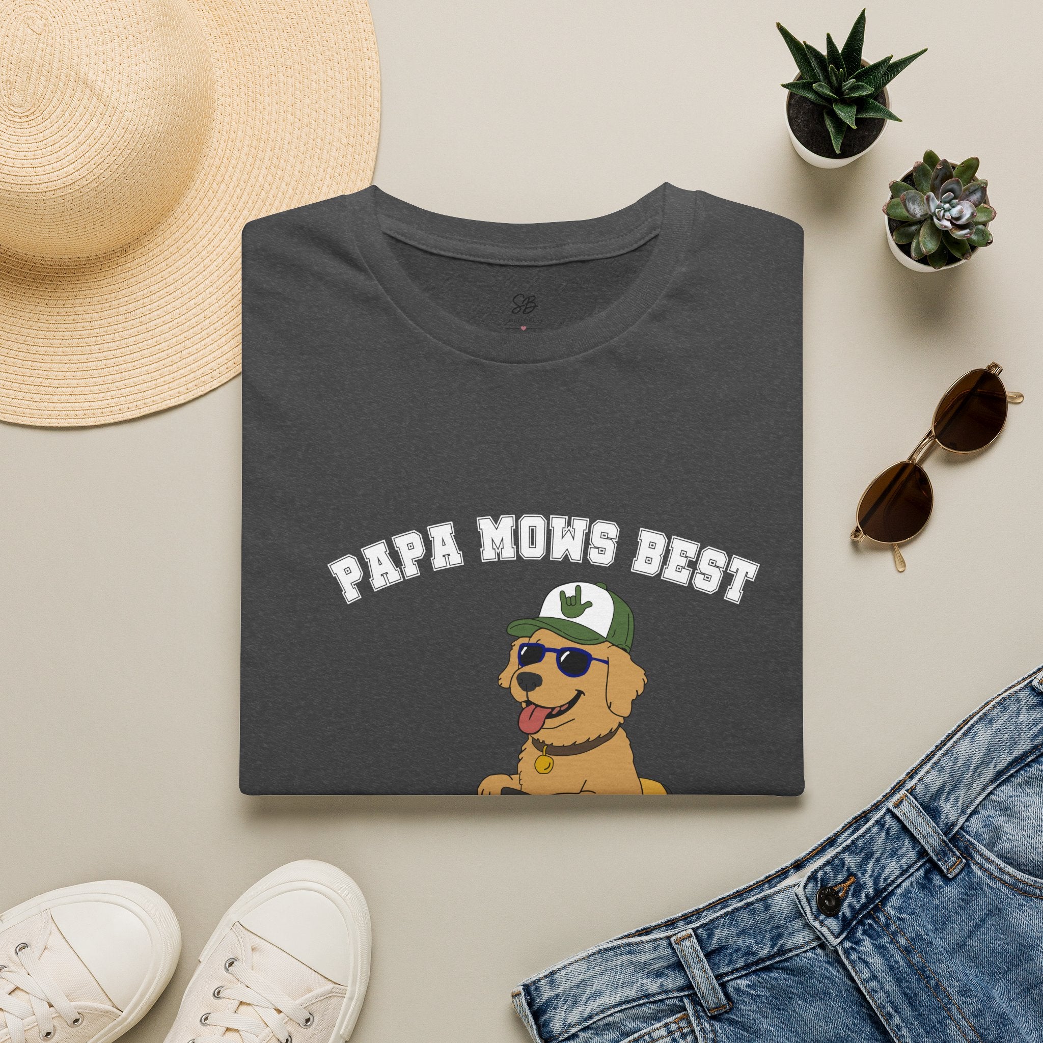 "Papa Mows Best" Golden Retriever Riding Lawn Mower T-shirt