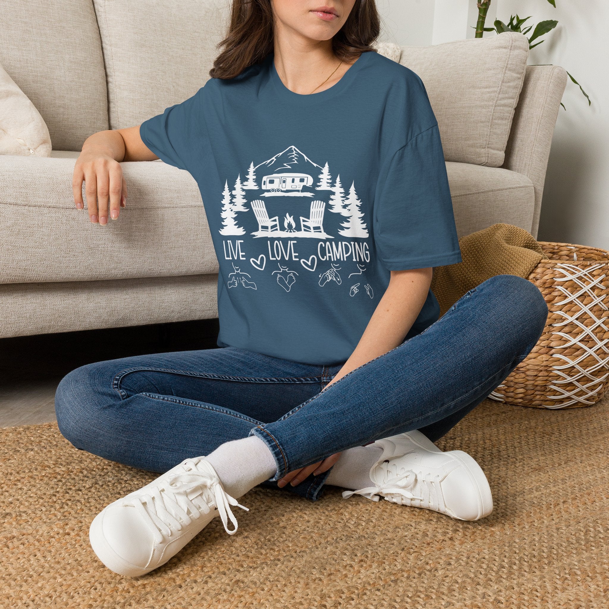 Live, Love, Camping in ASL (white ink) - T-Shirt