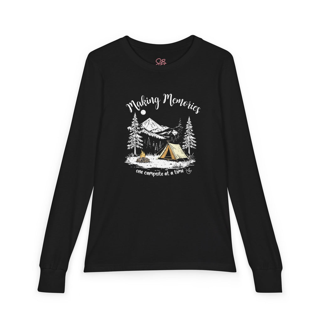 Youth Camping Long Sleeve Tee — "Making Memories" Mountain Campfire Design