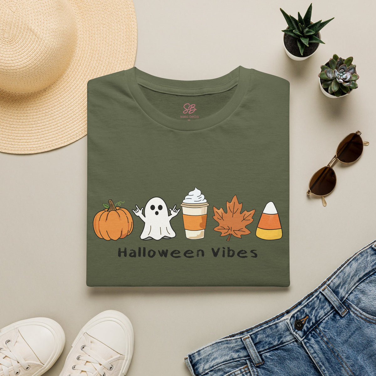Halloween Vibes with Ghost saying "I love you" in ASL - T-Shirt