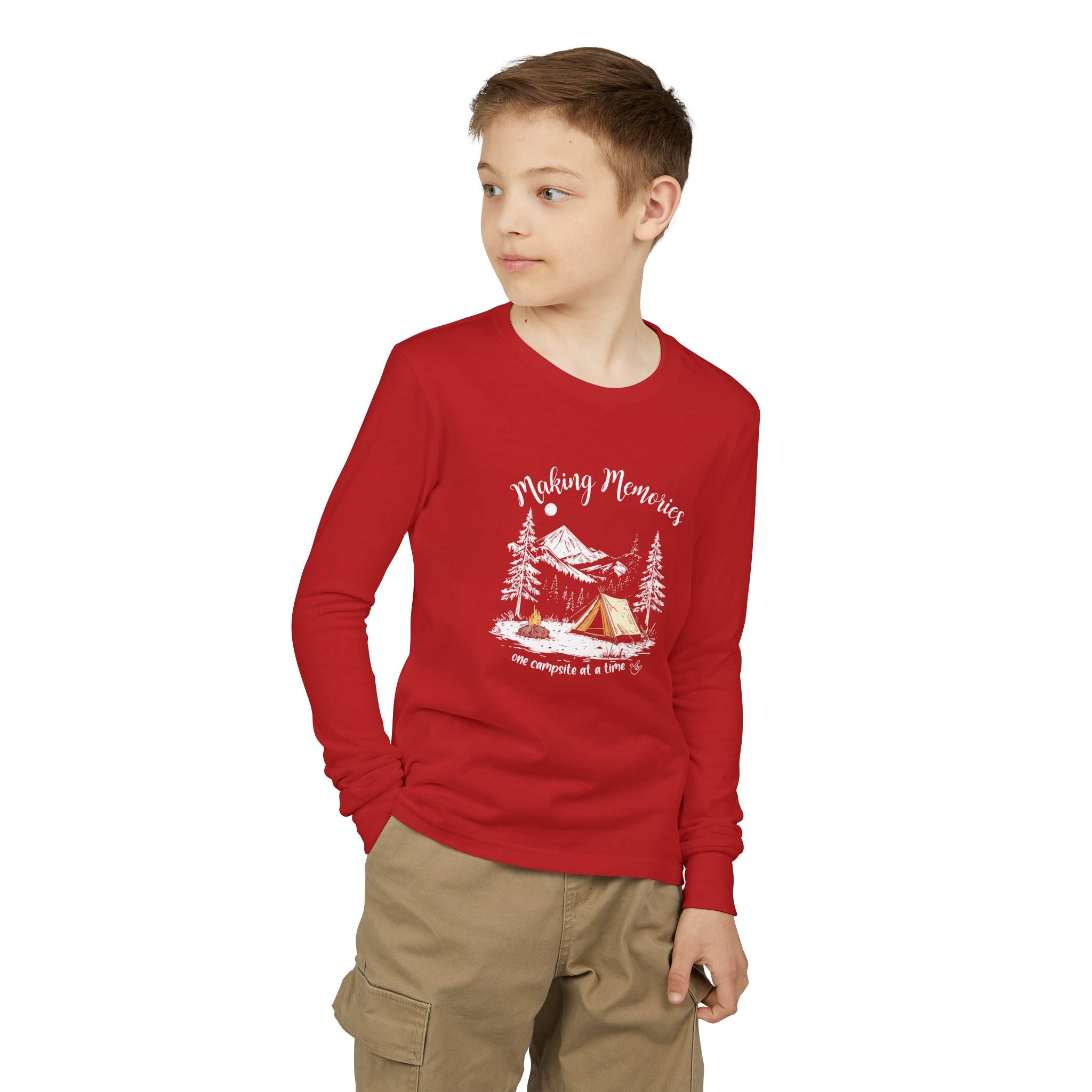 Youth Camping Long Sleeve Tee — "Making Memories" Mountain Campfire Design