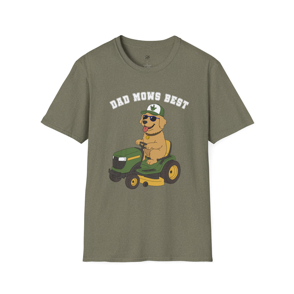 Dad mows best with Golden Retriever Riding Lawn Mower T‑Shirt