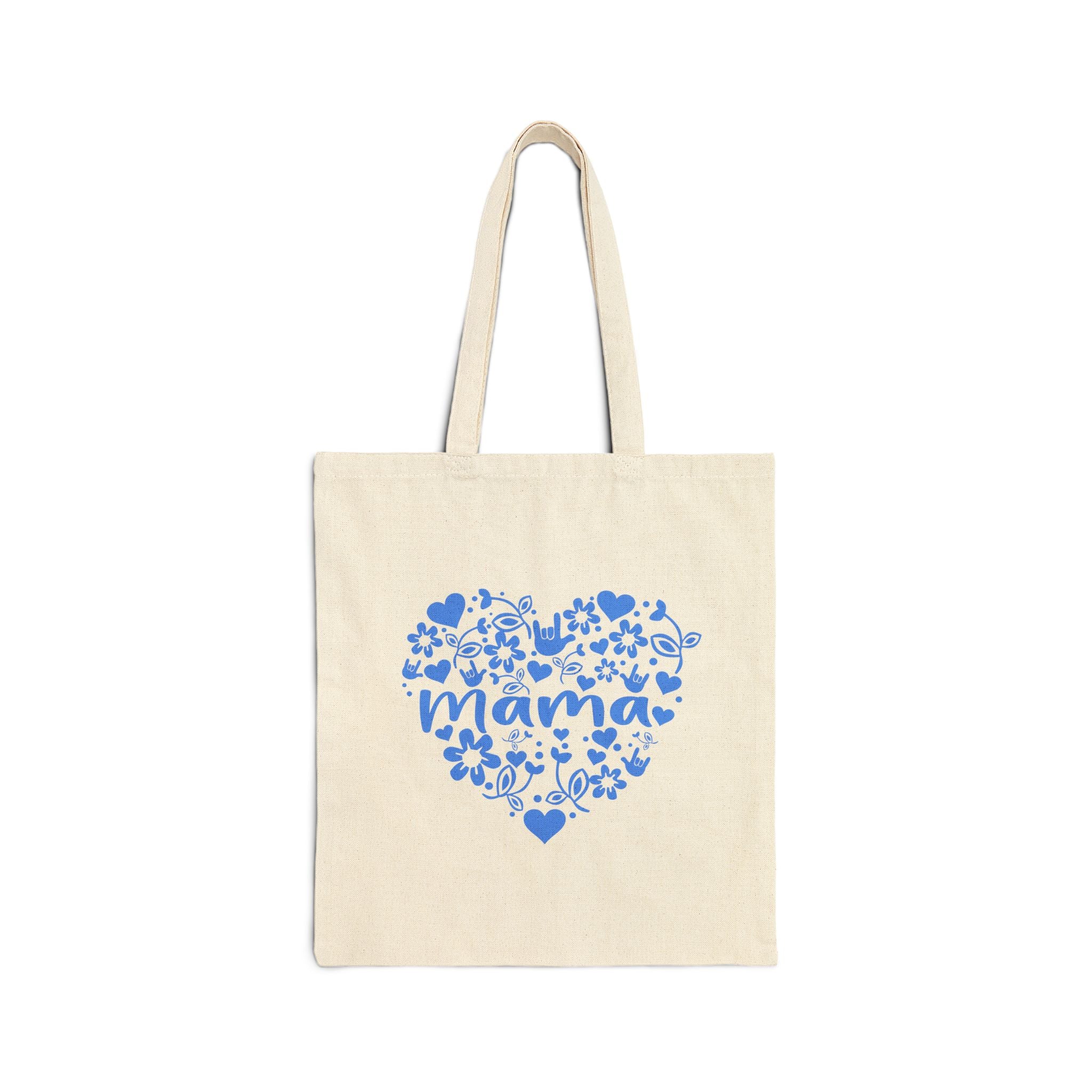 Mama Heart Floral Tote Bag  with blue design — Cotton Canvas tote bag