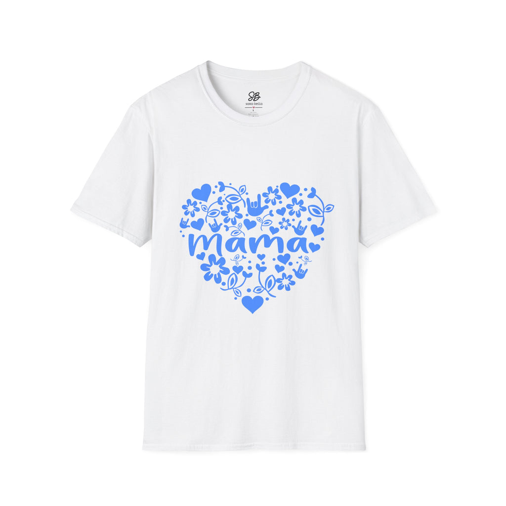 Mama I Love You ASL Unisex White T-Shirt with Blue Design