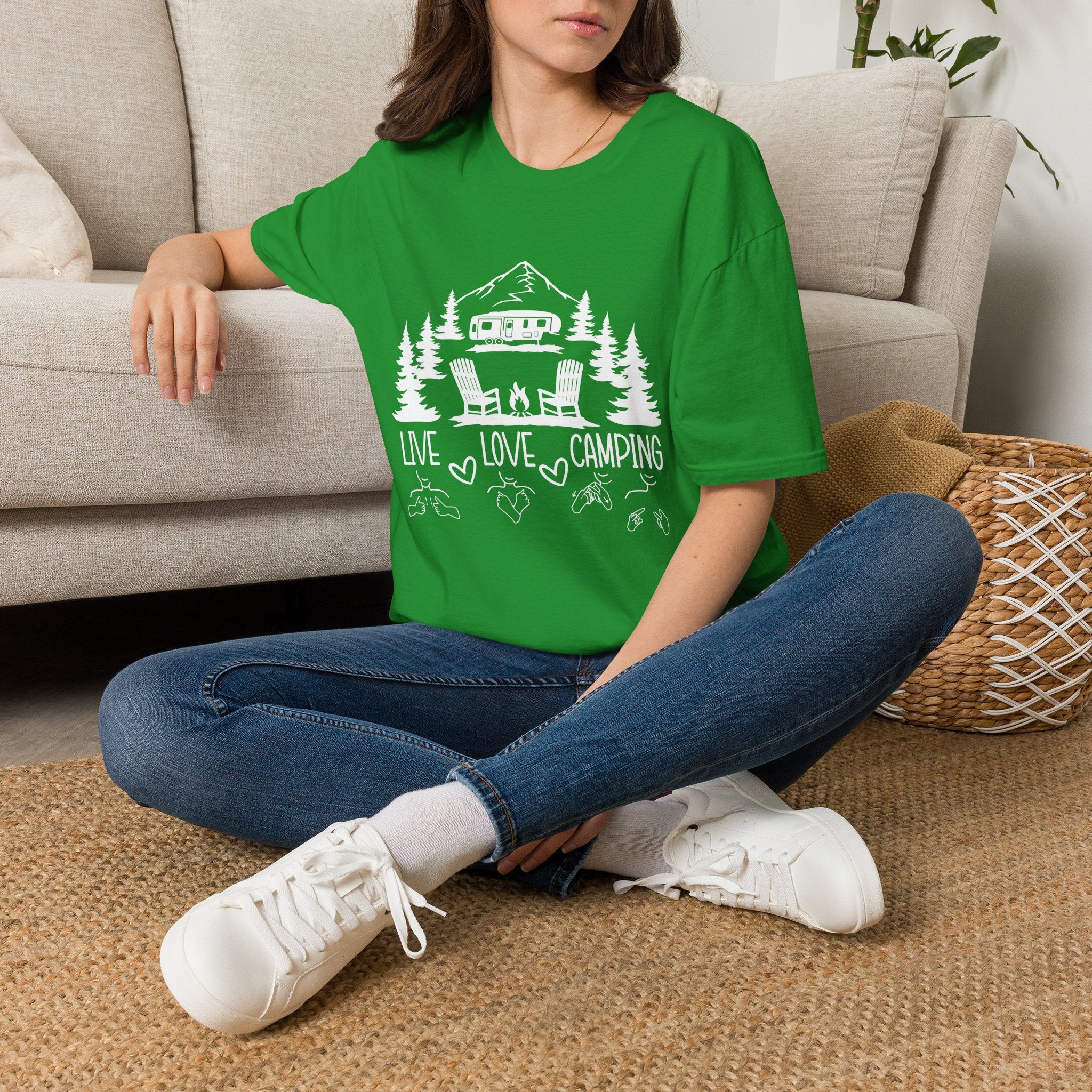 Live, Love, Camping in ASL (white ink) - T-Shirt