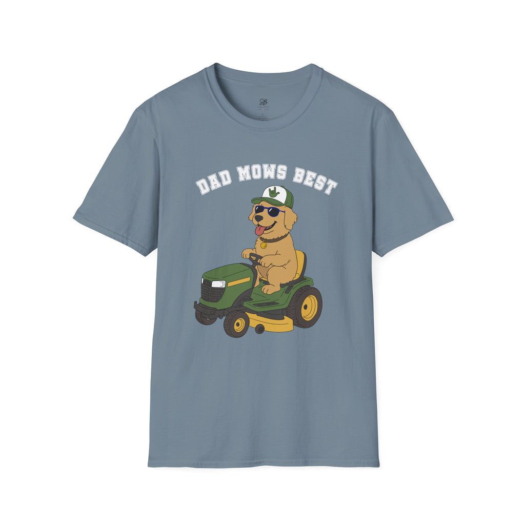 Dad mows best with Golden Retriever Riding Lawn Mower T‑Shirt