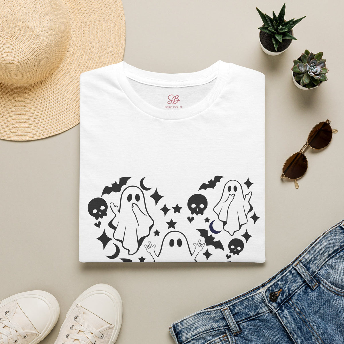 Ghosts with "I love you" in ASL floating of  Hearts, Skull, Bats -  T-Shirt