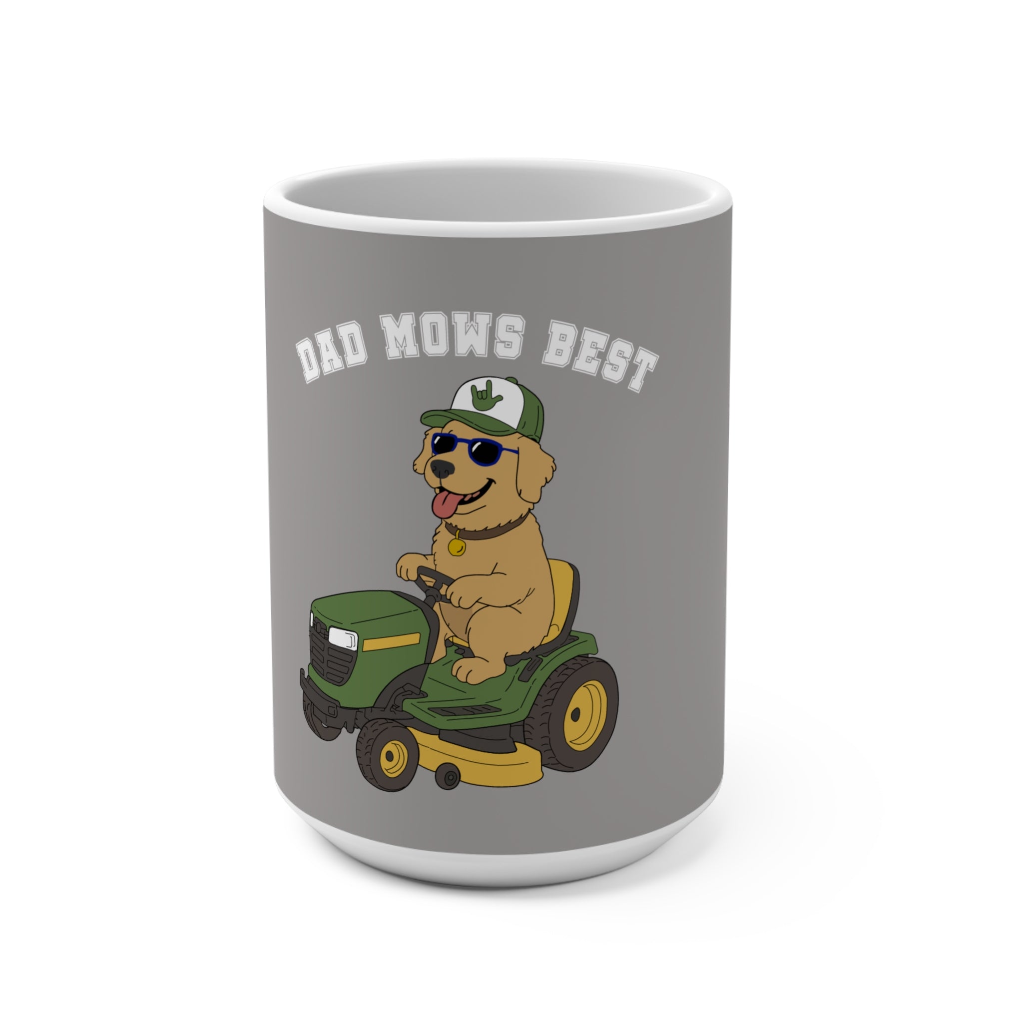 Dad Mows Best with Golden Retriever 15oz Coffee Mug