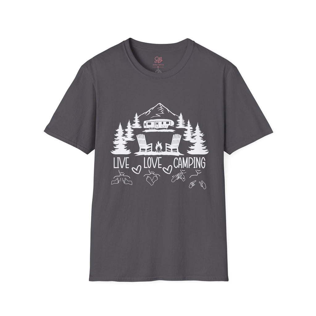 Live, Love, Camping in ASL (white ink) - T-Shirt