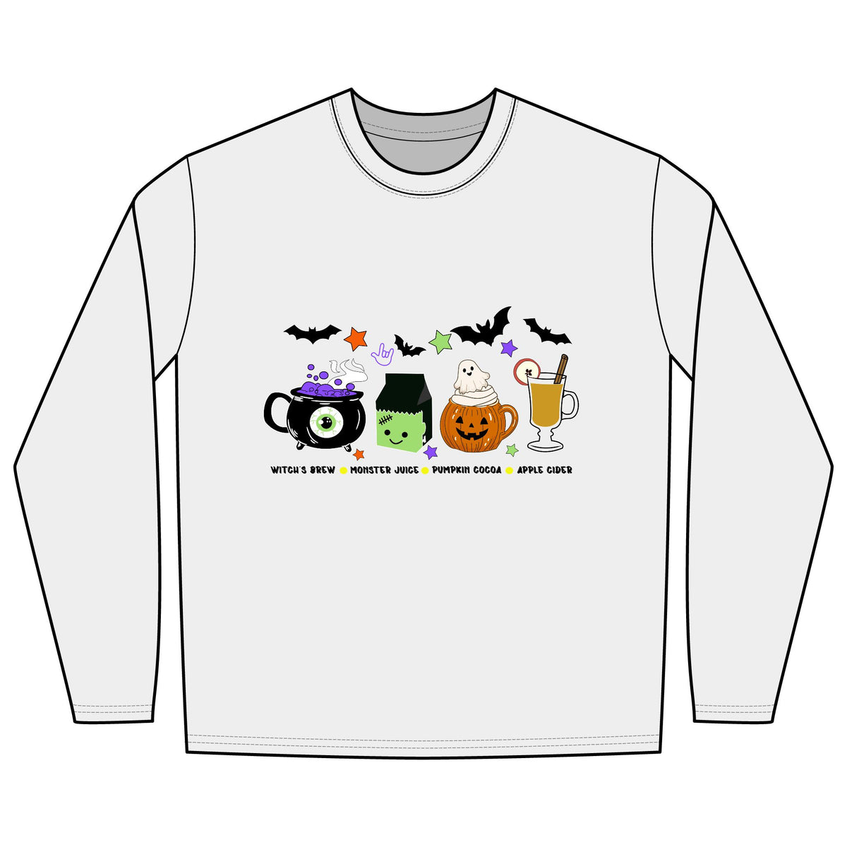 Kids Halloween Drinks Crew of Witch's Brew, Monster Juice ,Pumpkin Cocoa & Apple Cider - Long Sleeve Shirt