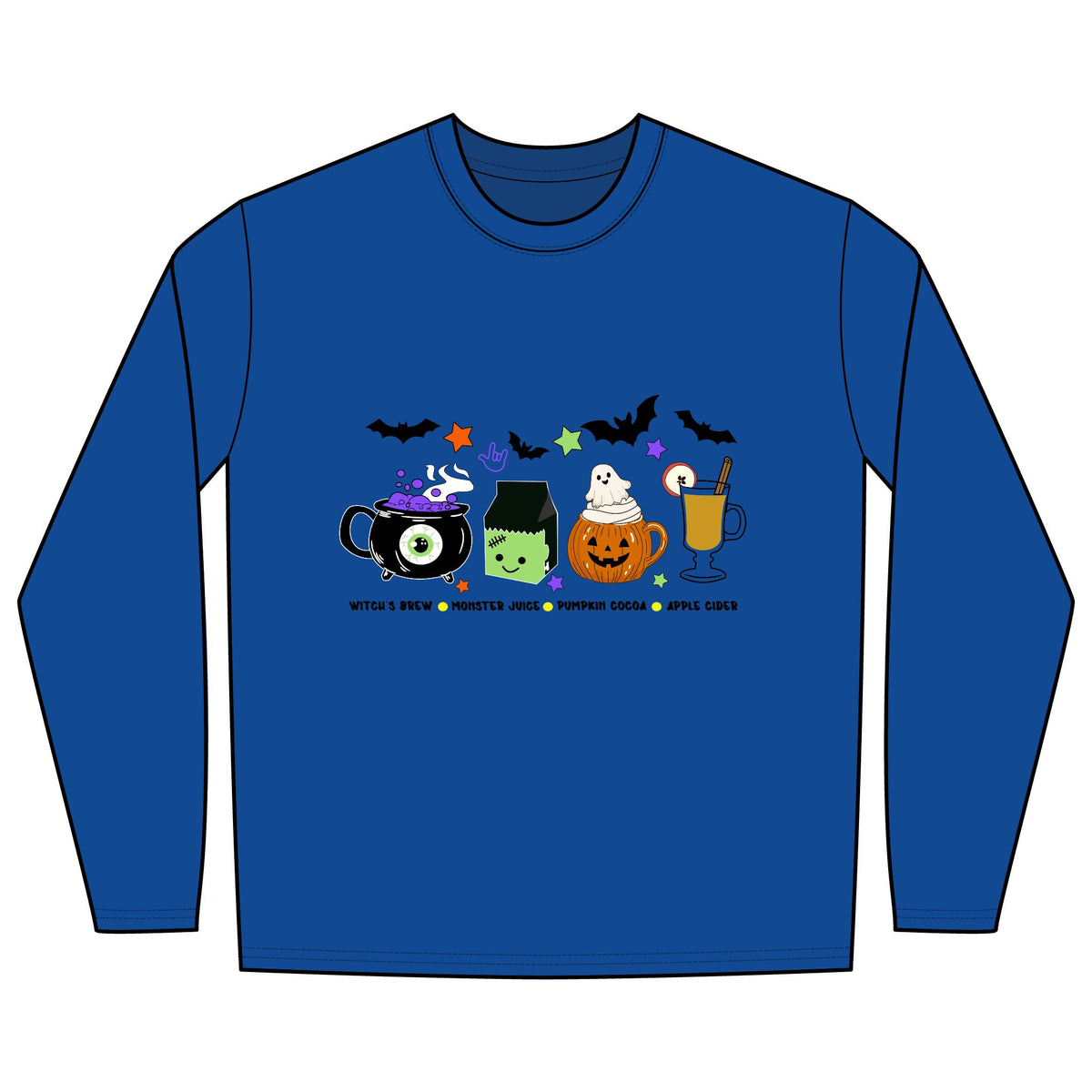 Kids Halloween Drinks Crew of Witch's Brew, Monster Juice ,Pumpkin Cocoa & Apple Cider - Long Sleeve Shirt
