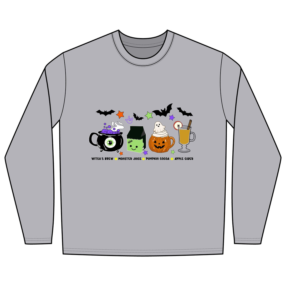 Kids Halloween Drinks Crew of Witch's Brew, Monster Juice ,Pumpkin Cocoa & Apple Cider - Long Sleeve Shirt