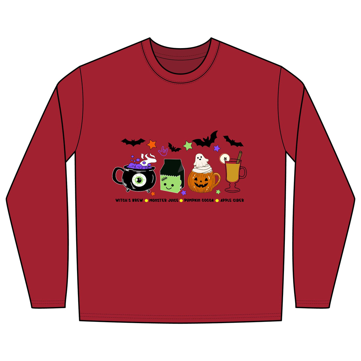 Kids Halloween Drinks Crew of Witch's Brew, Monster Juice ,Pumpkin Cocoa & Apple Cider - Long Sleeve Shirt