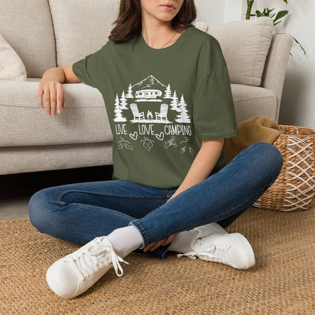 Live, Love, Camping in ASL (white ink) - T-Shirt