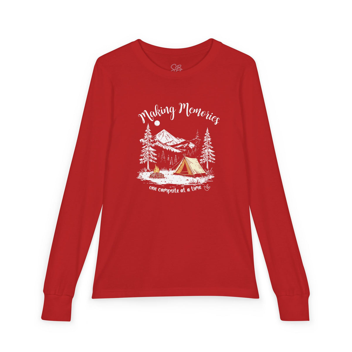 Youth Camping Long Sleeve Tee — "Making Memories" Mountain Campfire Design