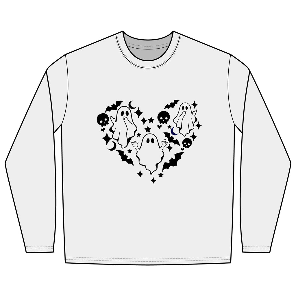 Ghosts with "I love you" in ASL floating of hearts, skulls, bats - Long Sleeve Shirt