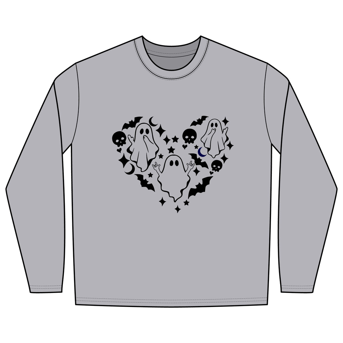 Ghosts with "I love you" in ASL floating of hearts, skulls, bats - Long Sleeve Shirt