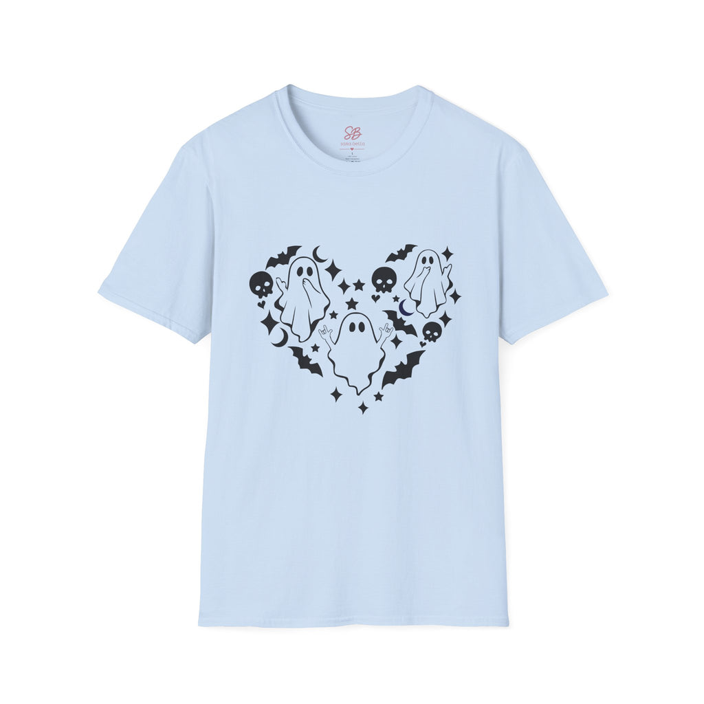 Ghosts with "I love you" in ASL floating of  Hearts, Skull, Bats -  T-Shirt
